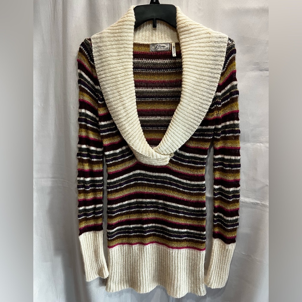 Guess Vintage Multicolor Striped Sweater Dress Shawl Collar Wool Blend Size S